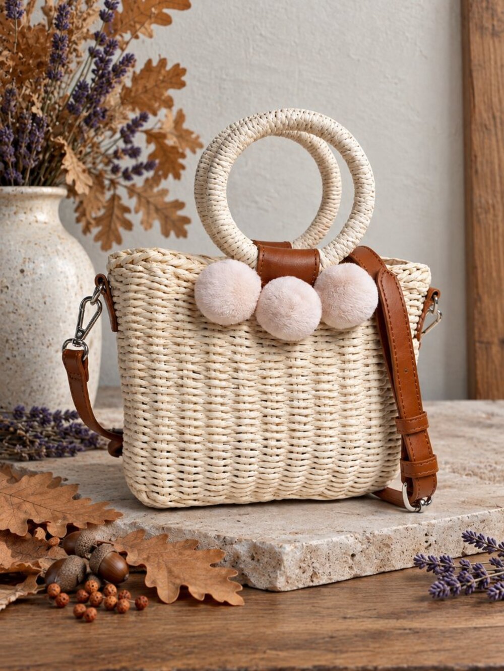 Cottagecore Straw Woven Pom Pom Crossbody Bag Round Handle Autumn Boho Chic